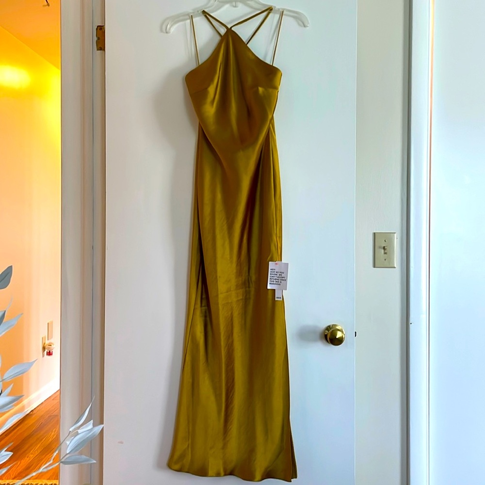 ASOS DESIGN Halter Satin Midi Dress with Side Slit and Lace Up Back in Olive